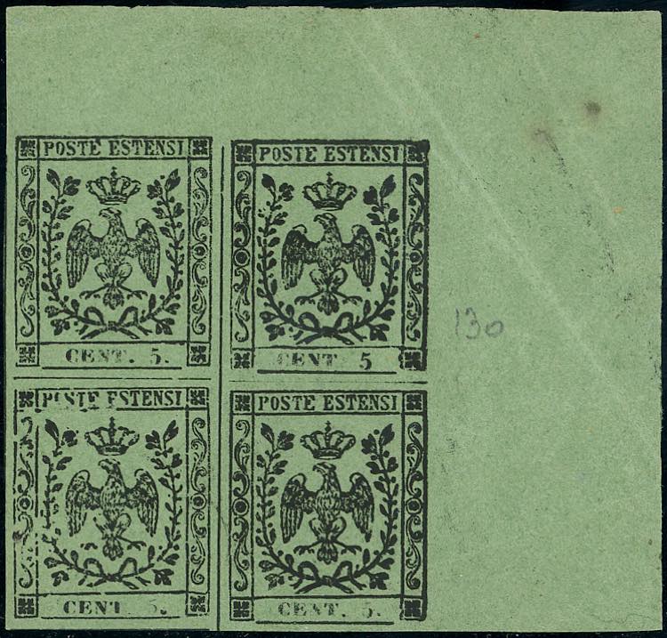 1852 - 5 cent. verde oliva, blocco ... 