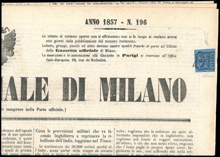 1857 - 9 cent. azzurro (2), corto ... 