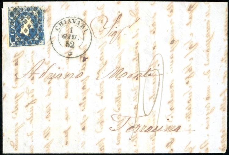 1852 - 20 cent. azzurro (2), corto ... 