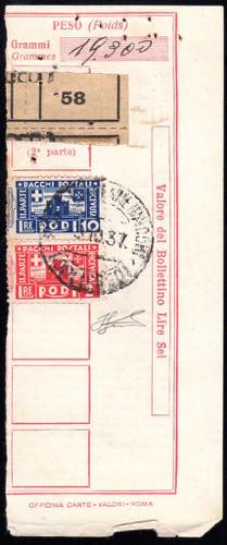 PACCHI POSTALI 1937 - 2 e 10 lire ... 