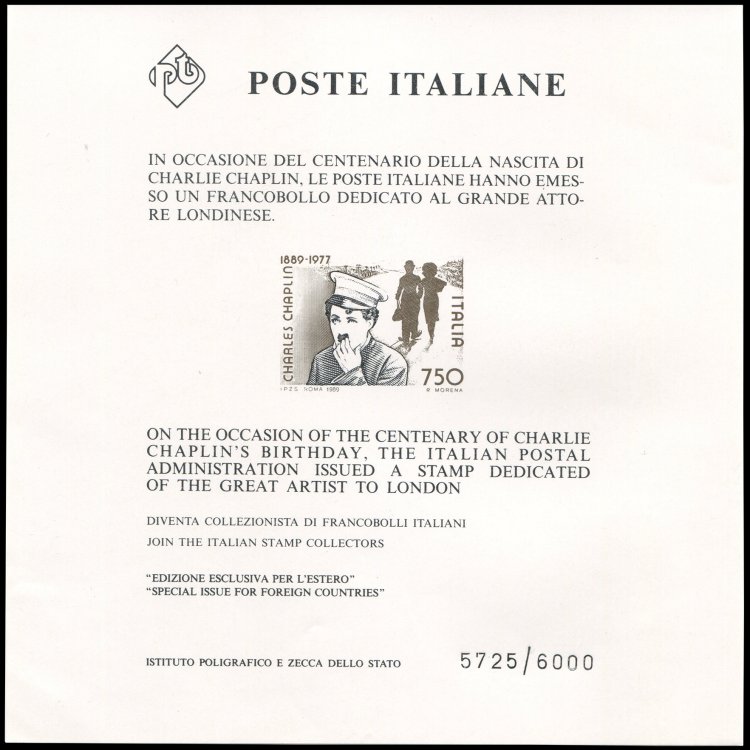 1989 - 750 lire Chaplin, foglietto ... 