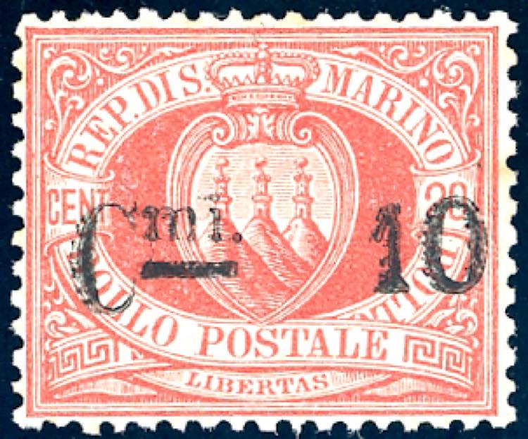 1892 - 10 cent. su 20 cent. rosso ... 