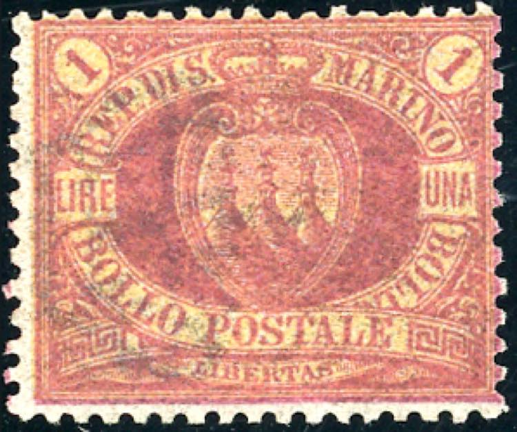 1892 - 1 lira carminio su giallo ... 