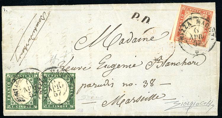 1857 - 5 cent. verde scuro, coppia ... 