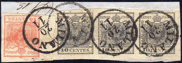 1850 - 10 cent. nero, striscia ... 