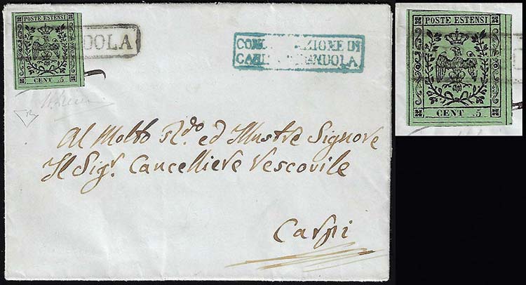 1855 - 5 cent. verde oliva, errore ... 