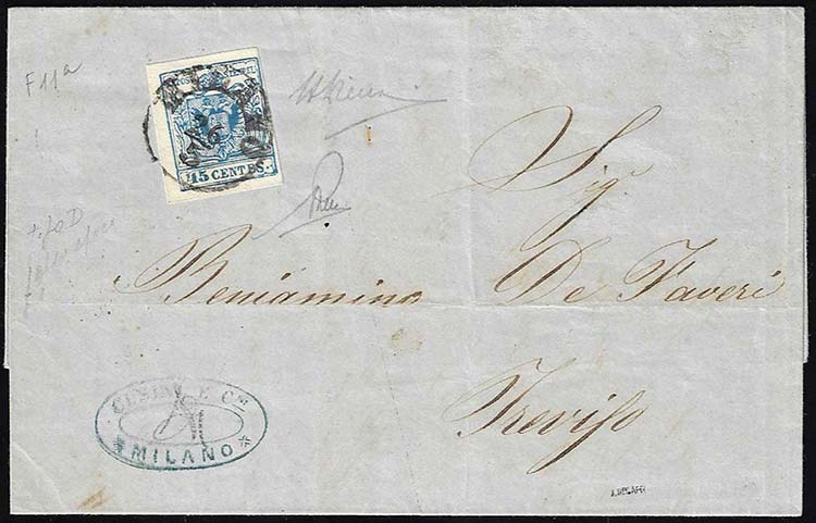 1858 - 45 cent. azzurro, falso per ... 