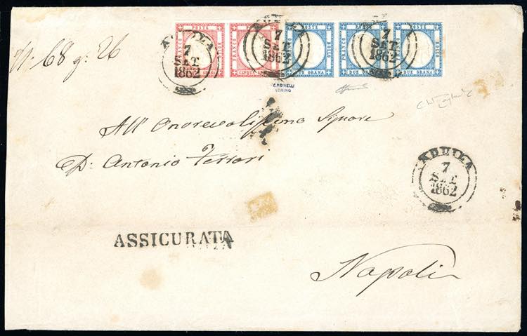 1862 - 2 grana azzurro, striscia ... 