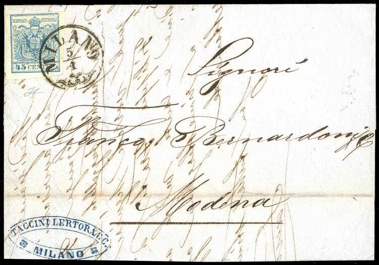 1857 - 45 cent. azzurro, carta a ... 