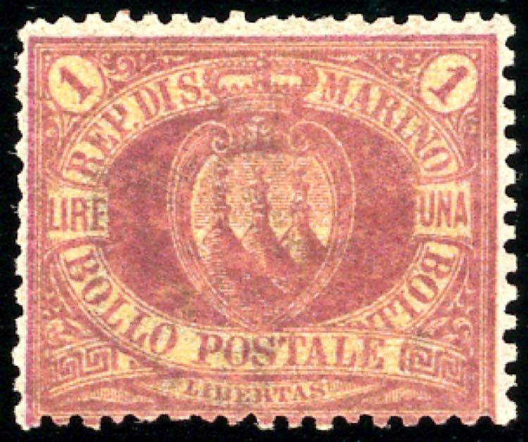1892 - 1 lira carminio su giallo ... 