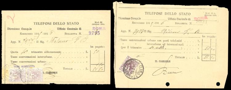 1915/16 - Due ricevute di telefoni ... 