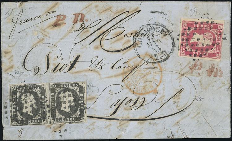 1853 - 5 cent. nero, coppia, con ... 