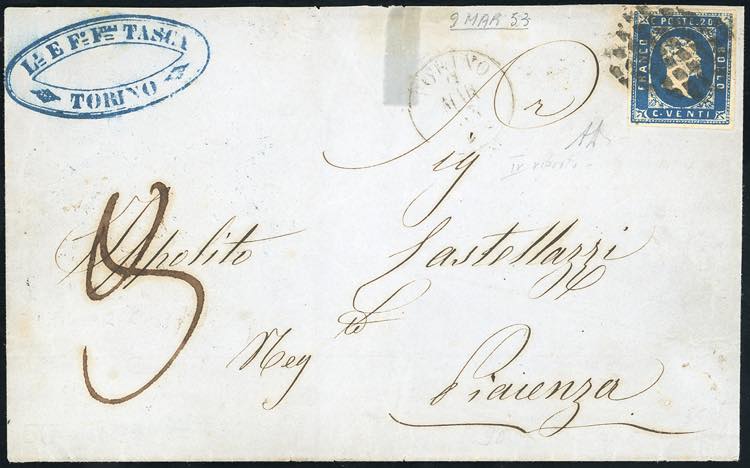 1853 - 20 cent. azzurro scuro, IV ... 