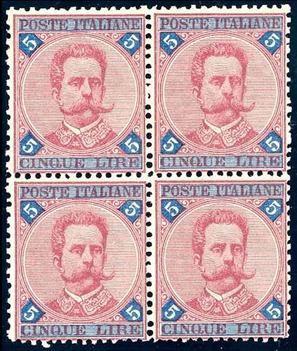 1891 - 5 lire carminio e azzurro ... 