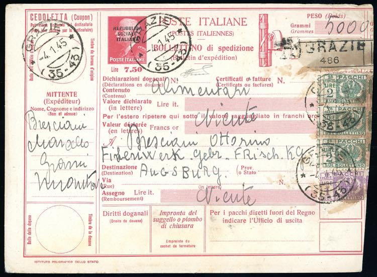 1945 - 7,50 lire bollettino pacchi ... 