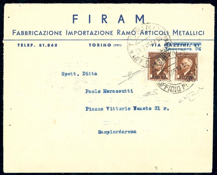 1945 - 1 lira marca da bollo con ... 