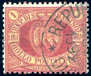 1892 - 1 lira carminio su giallo ... 