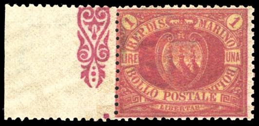 1892 - 1 lira carminio su giallo ... 