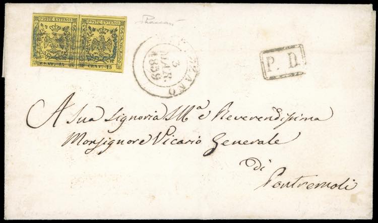 1859 - 15 cent. giallo (3), coppia ... 