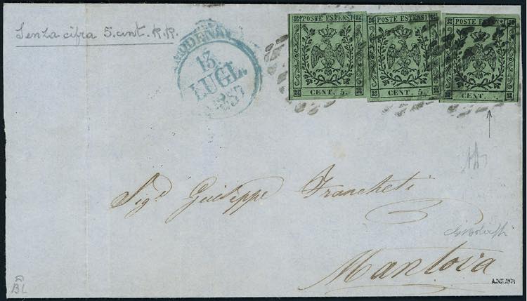 1857 - 5 cent. verde oliva, tre ... 