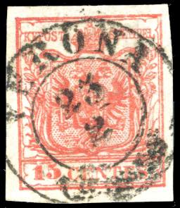 1852 - 15 cent rosso, III tipo, ... 