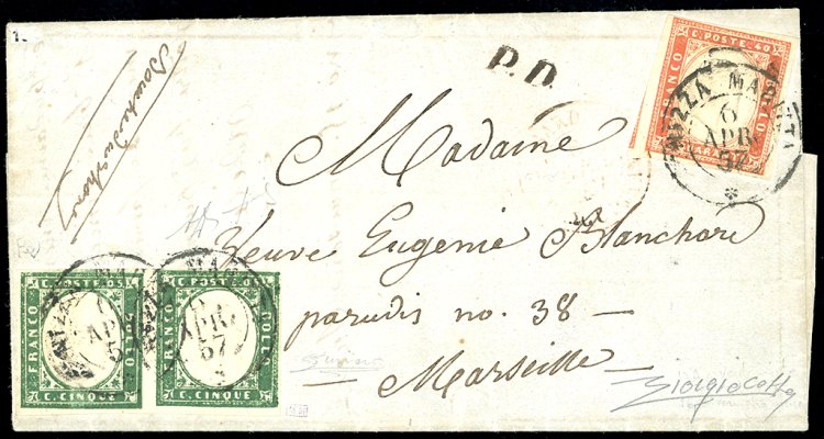 1857 - 5 cent. verde scuro, coppia ... 