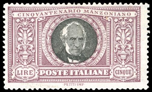 1923 - 5 lire Manzoni (156), gomma ... 