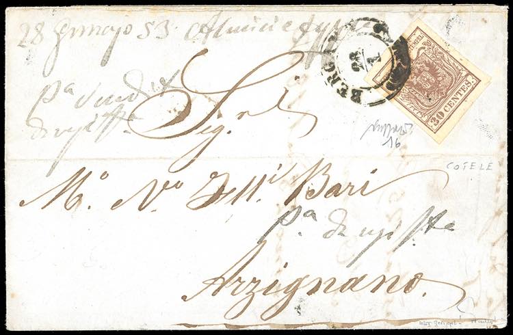 1853 - 30 cent. bruno, I tipo, ... 