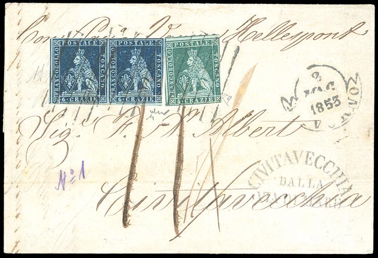 1853 - 6 crazie, azzurro scuro su ... 