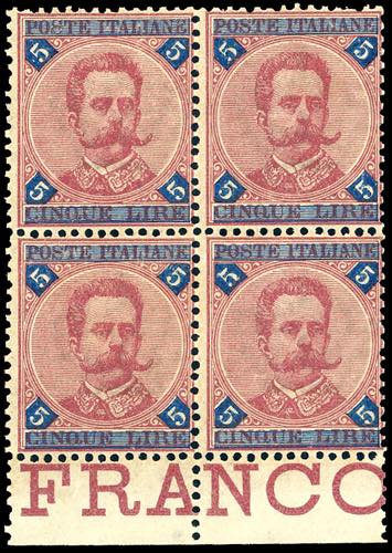 1891 - 5 lire carminio e azzurro ... 