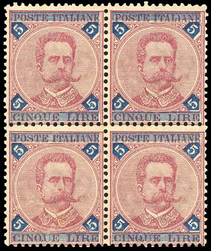 1891 - 5 lire carminio e azzurro ... 