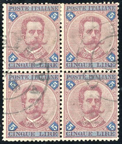 1891 - 5 lire carminio e azzurro ... 