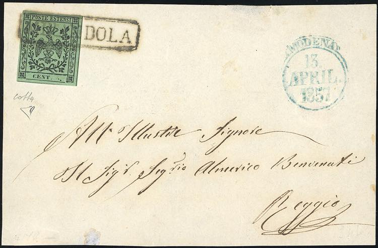 1857 - 5 cent. verde oliva, errore ... 