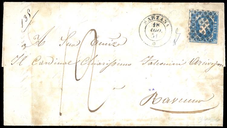 1851 - 20 cent. azzurro (2), tre ... 