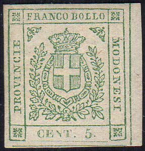 1859 - 5 cent. verde (12), bordo ... 