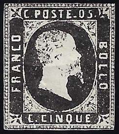 1851 - 5 cent. nero, III riporto ... 
