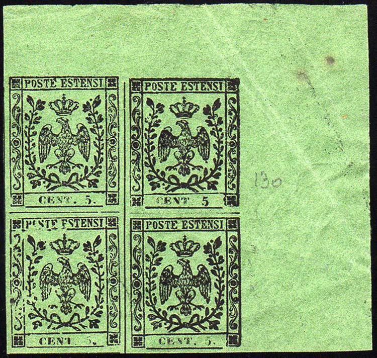 1852 - 5 cent. verde oliva, blocco ... 