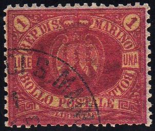 1892 - 1 lira carminio su giallo ... 