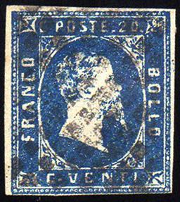 1851 - 20 cent. azzurro, pizzo ... 