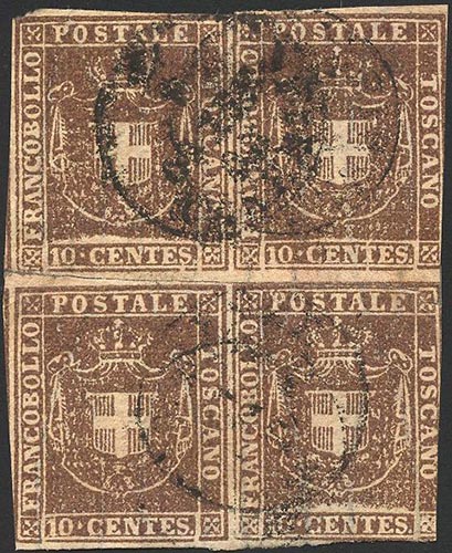 1860 - 10 cent. bruno (19), blocco ... 