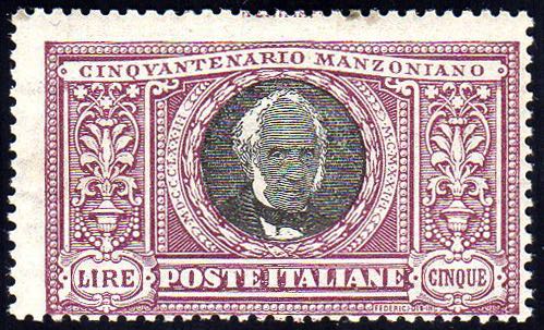 1923 - 5 lire Manzoni (156), gomma ... 