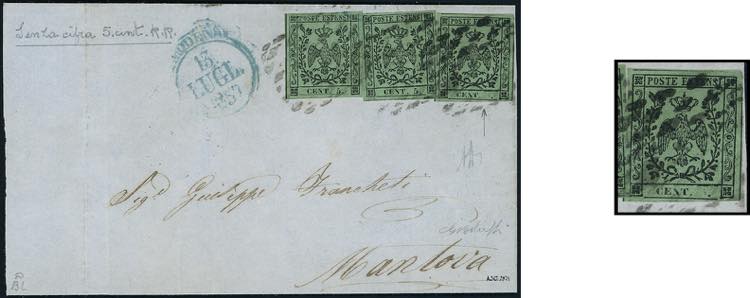 1857 - 5 cent. verde oliva, tre ... 