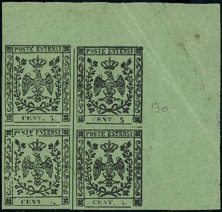 1852 - 5 cent. verde oliva, blocco ... 