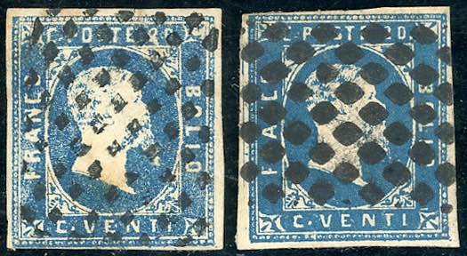 1852 - 20 cent. azzurro (2), pos. ... 
