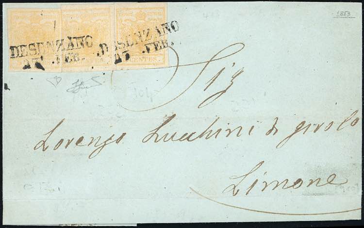 1853 - 5 cent. giallo ocra (1), ... 