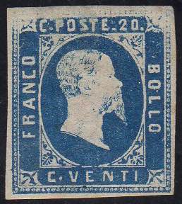 1851 - 20 cent. azzurro, stampa ... 
