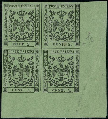 1855 - 5 cent. verde oliva, blocco ... 