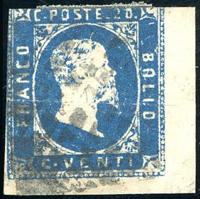 1851 - 20 cent. azzurro, pos. 25 ... 