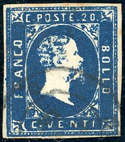 1852 - 20 cent. azzurro scuro, I ... 