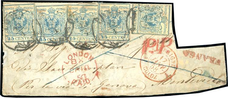 1858 - 45 cent. azzurro, carta a ... 